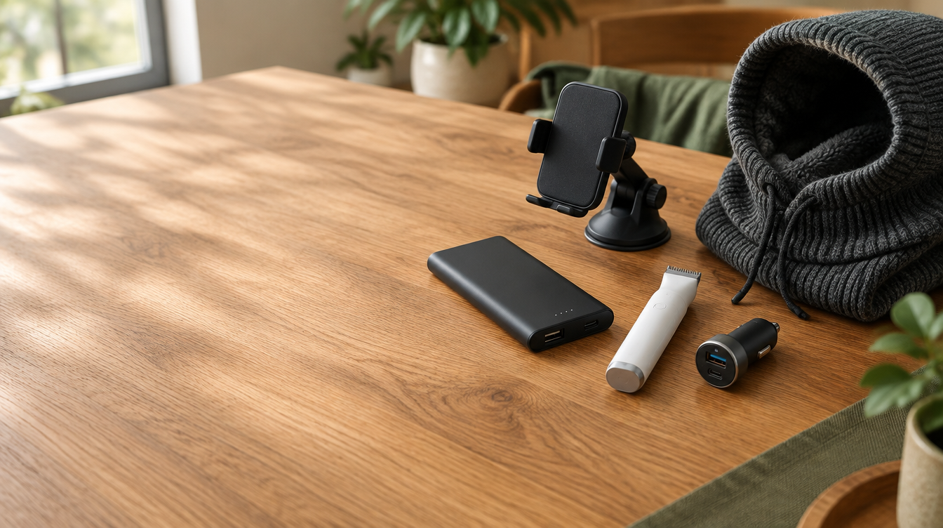 Everyday essentials on a wooden table