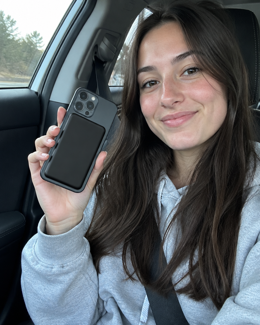 Magnetic Wireless Power Bank in use
