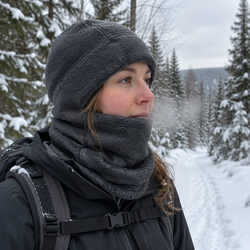 Person wearing the winter hood on a snowy trail
