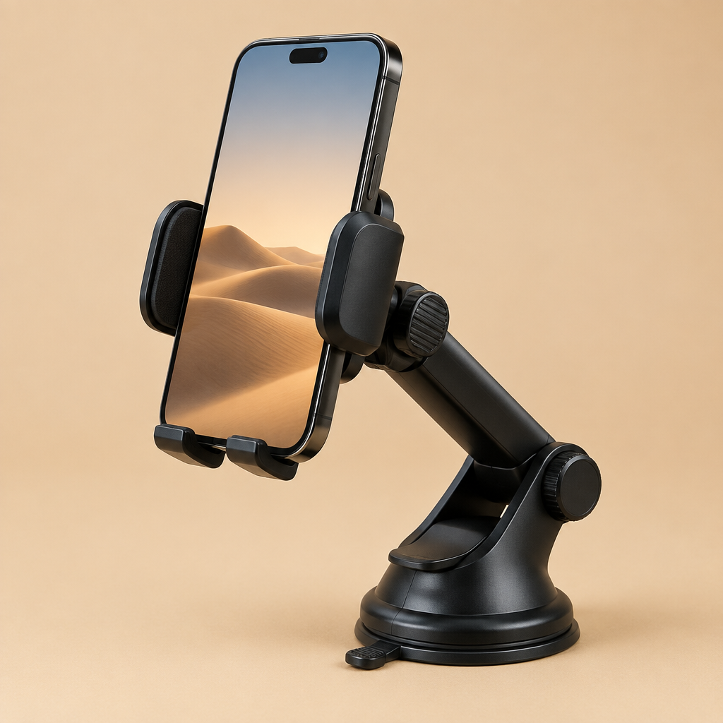 Black 360-degree car dashboard phone mount holding a phone