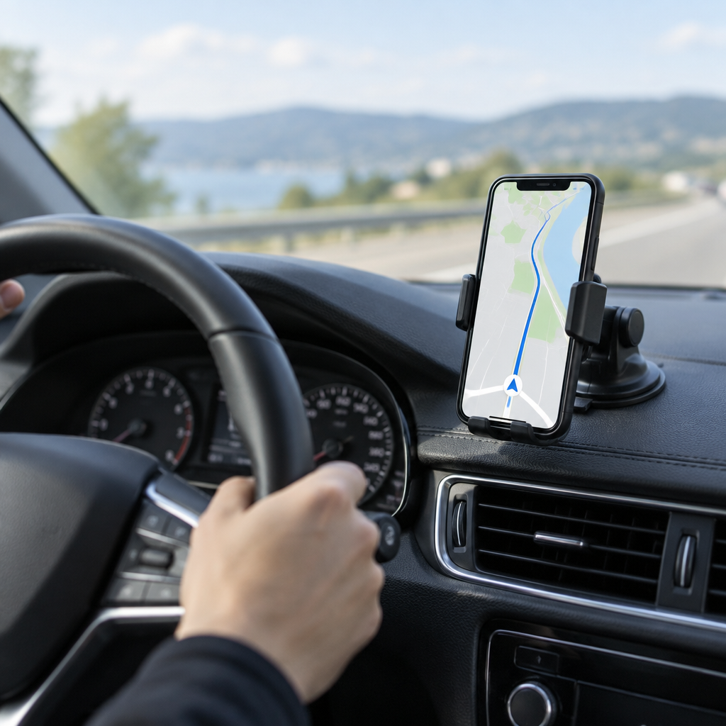 Phone mount on a car dashboard showing navigation
