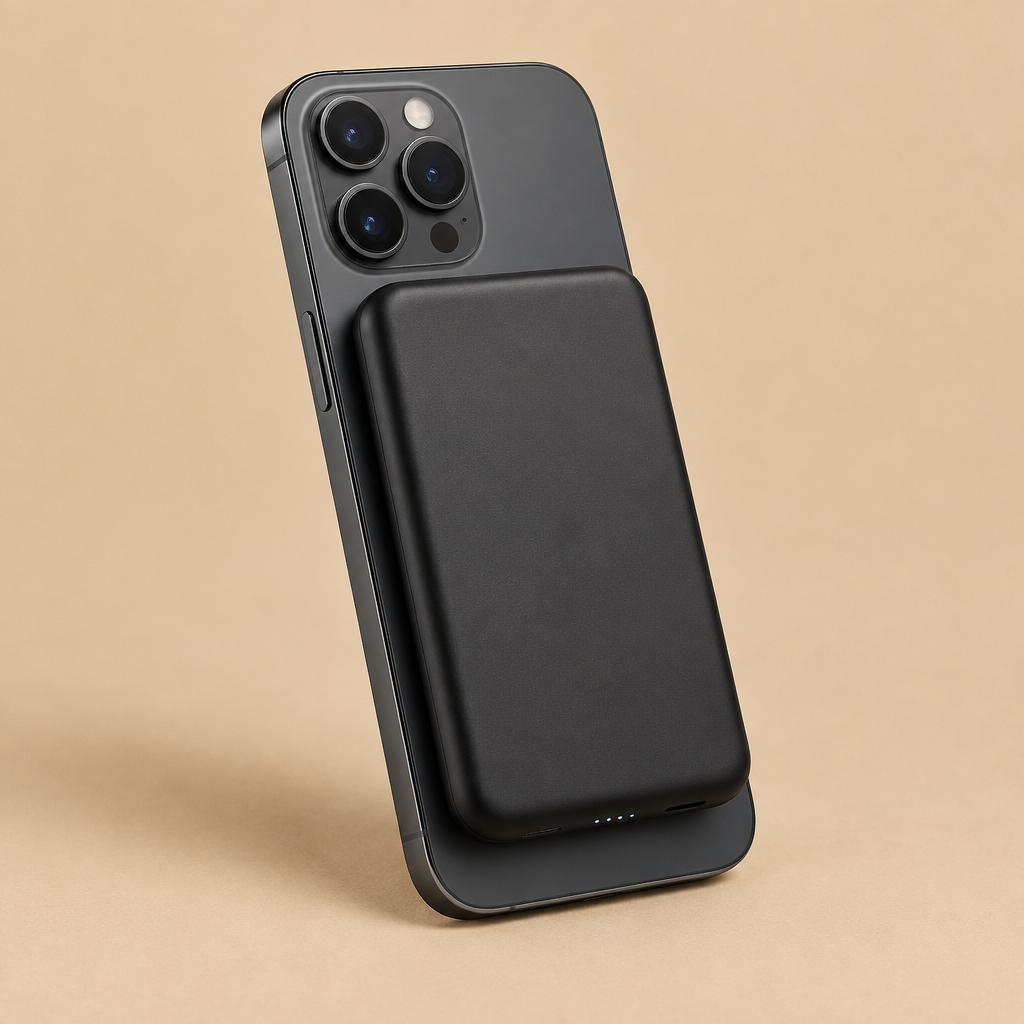 Slim black magnetic wireless power bank attached to a phone