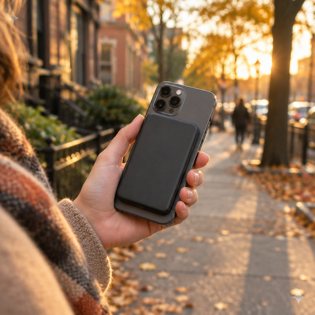 In use: magnetic power bank on a walk