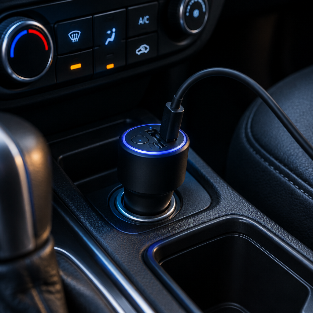 Bluetooth car adapter plugged into a car console