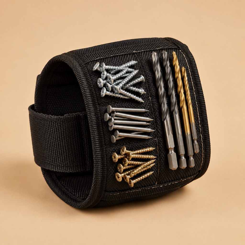 Magnetic wristband holding screws and drill bits
