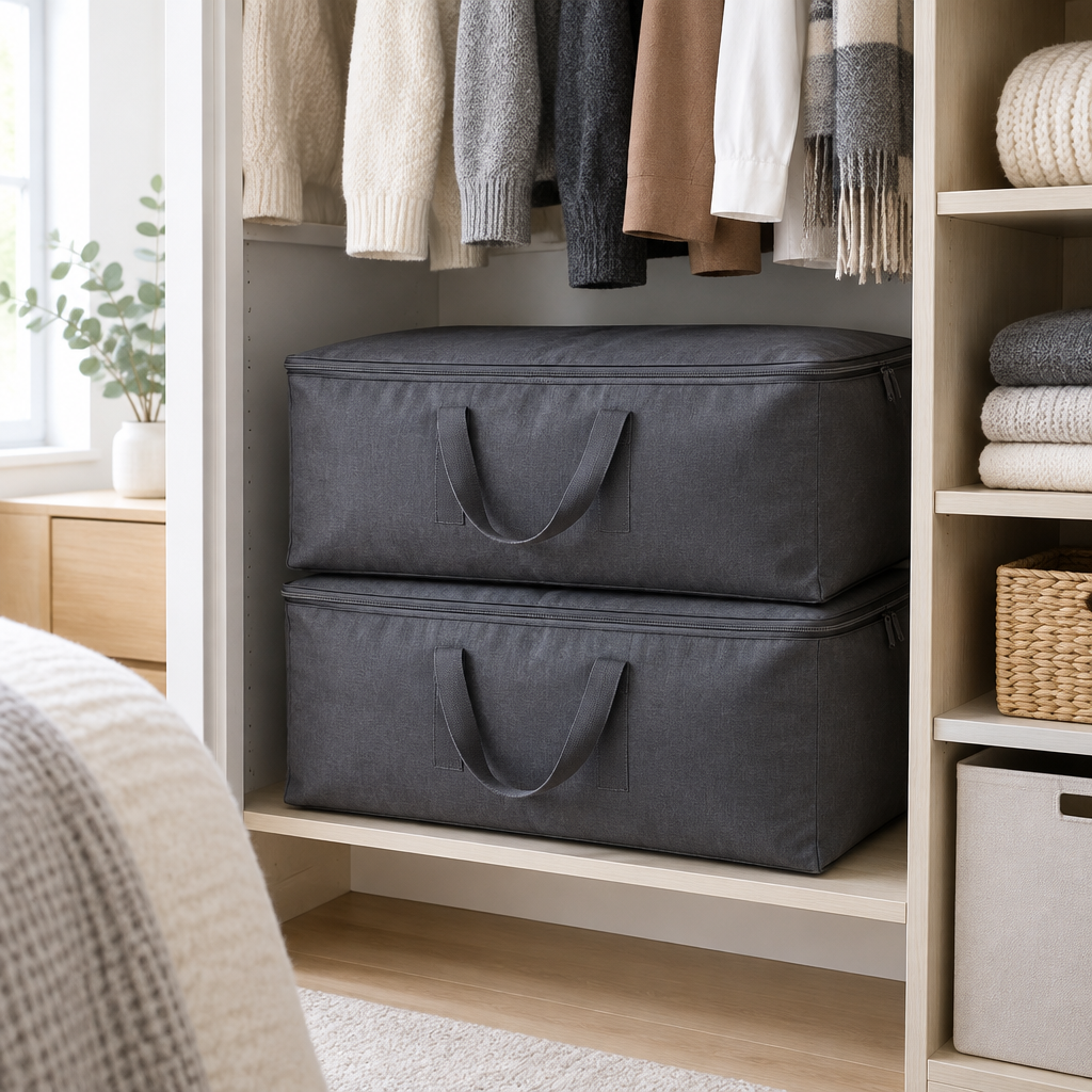Storage bags stacked in a closet