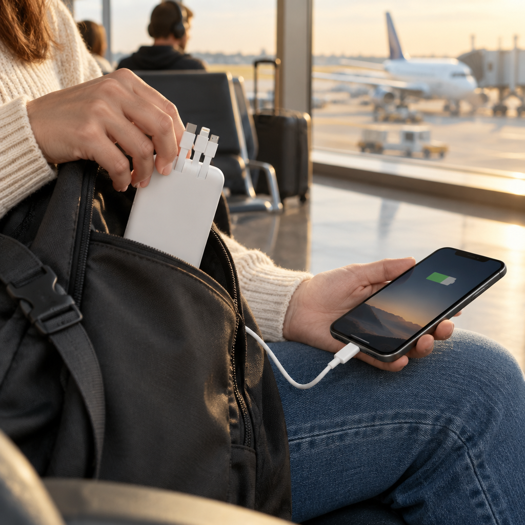 Power bank charging a phone at the airport