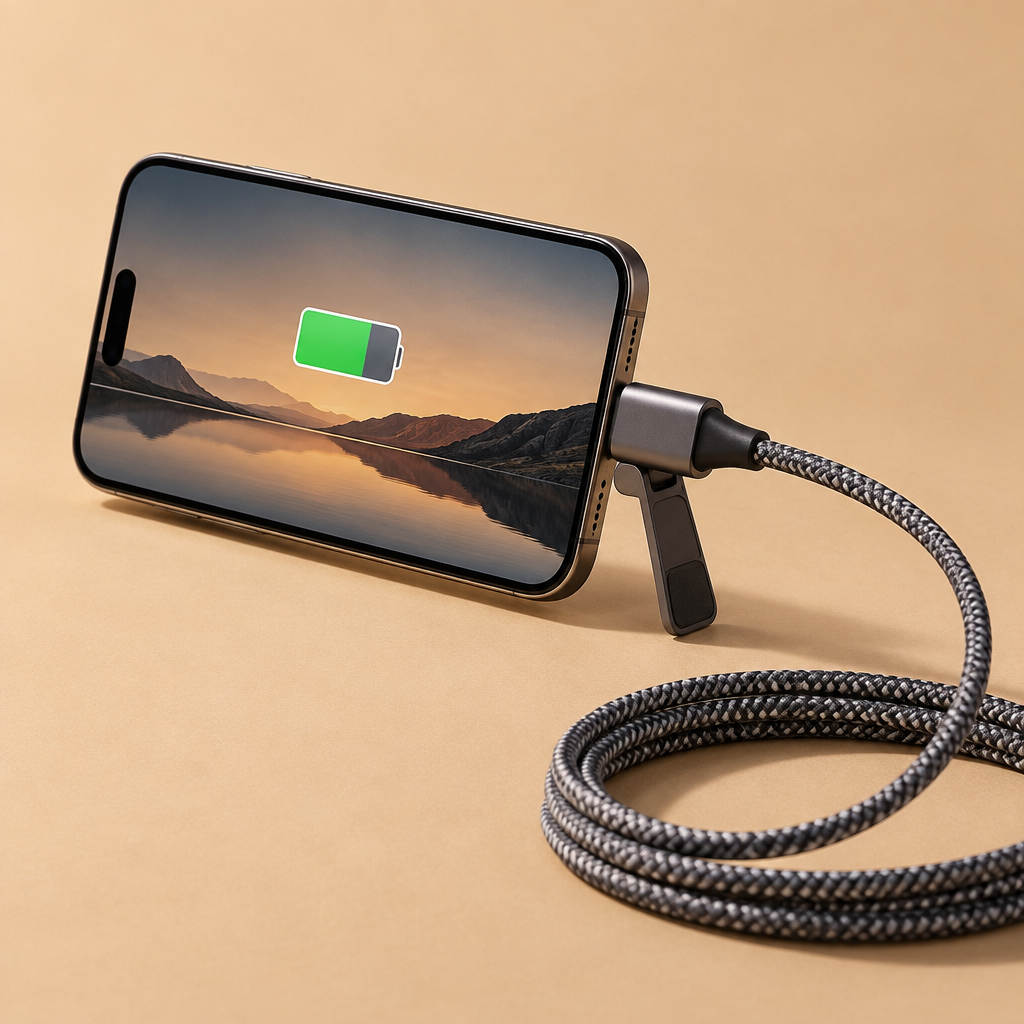 Braided charging cable with a built-in phone stand