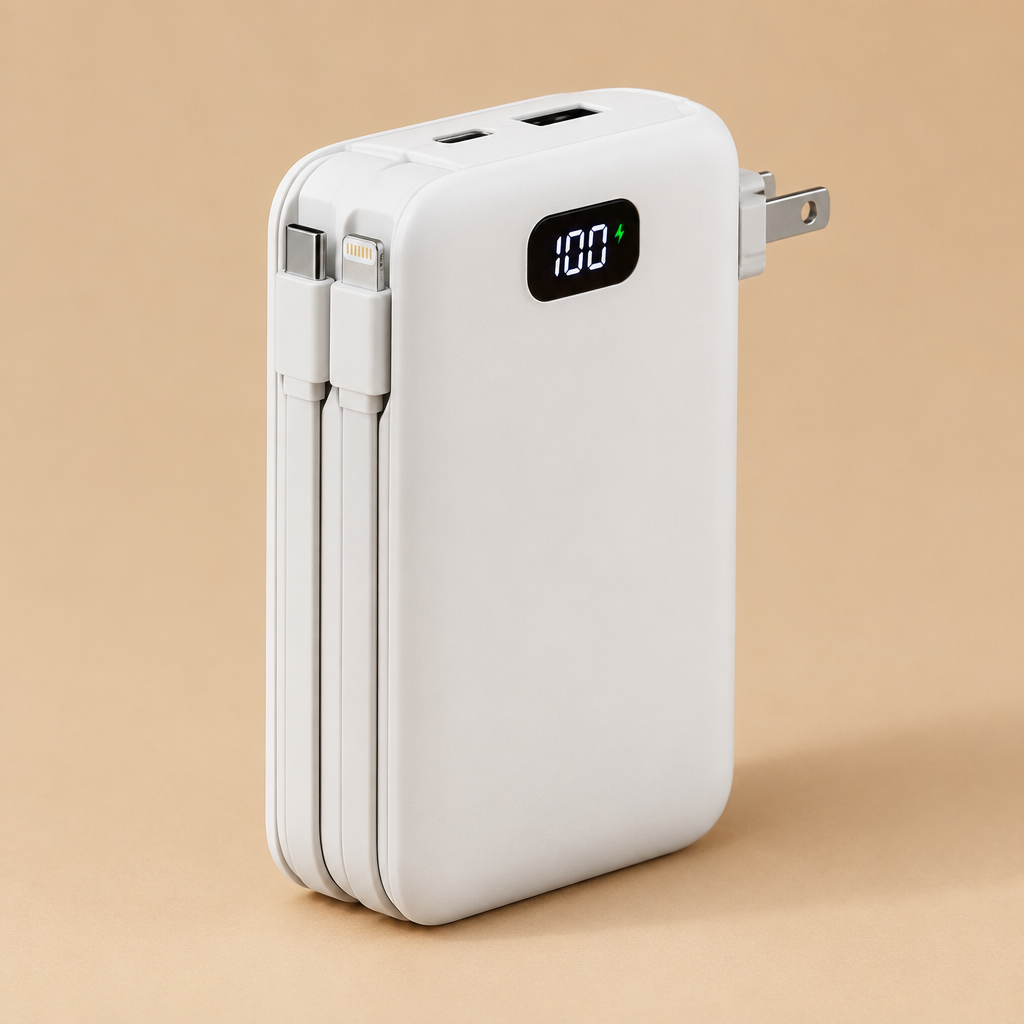 All-in-one power bank with built-in cables and wall plug