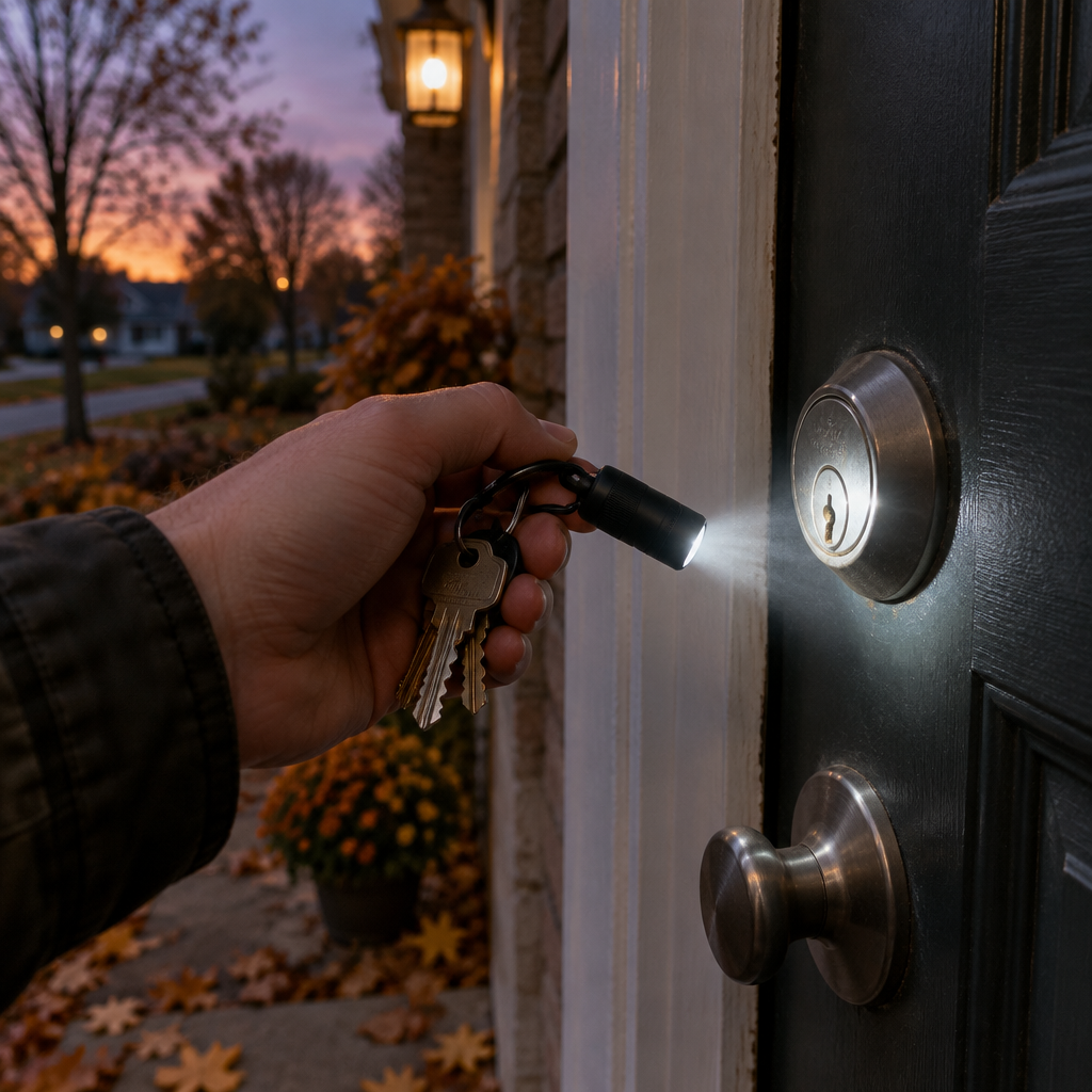 Keychain flashlight lighting up a door lock at dusk
