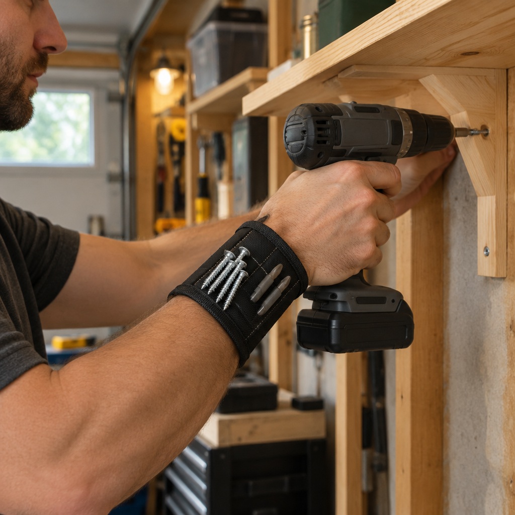 Wearing the magnetic wristband while building a shelf