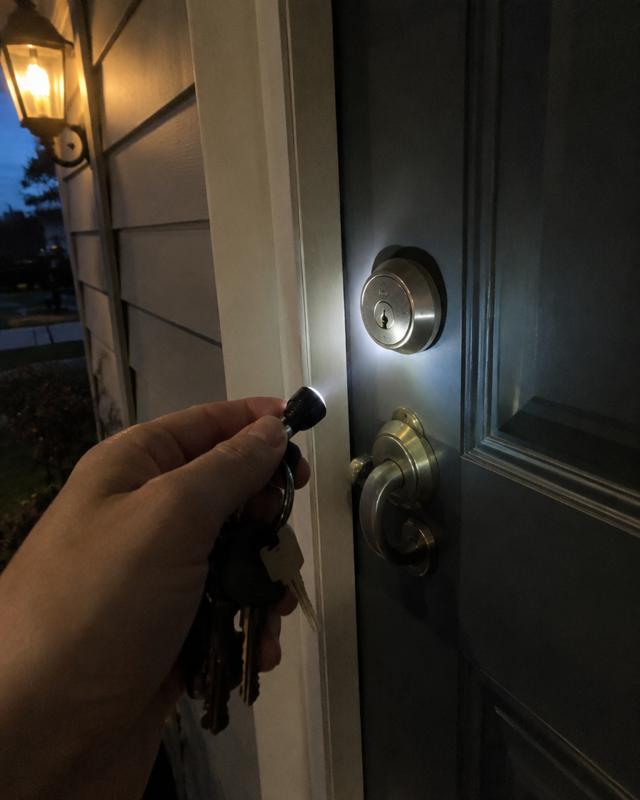 In use: keychain flashlight at the front door