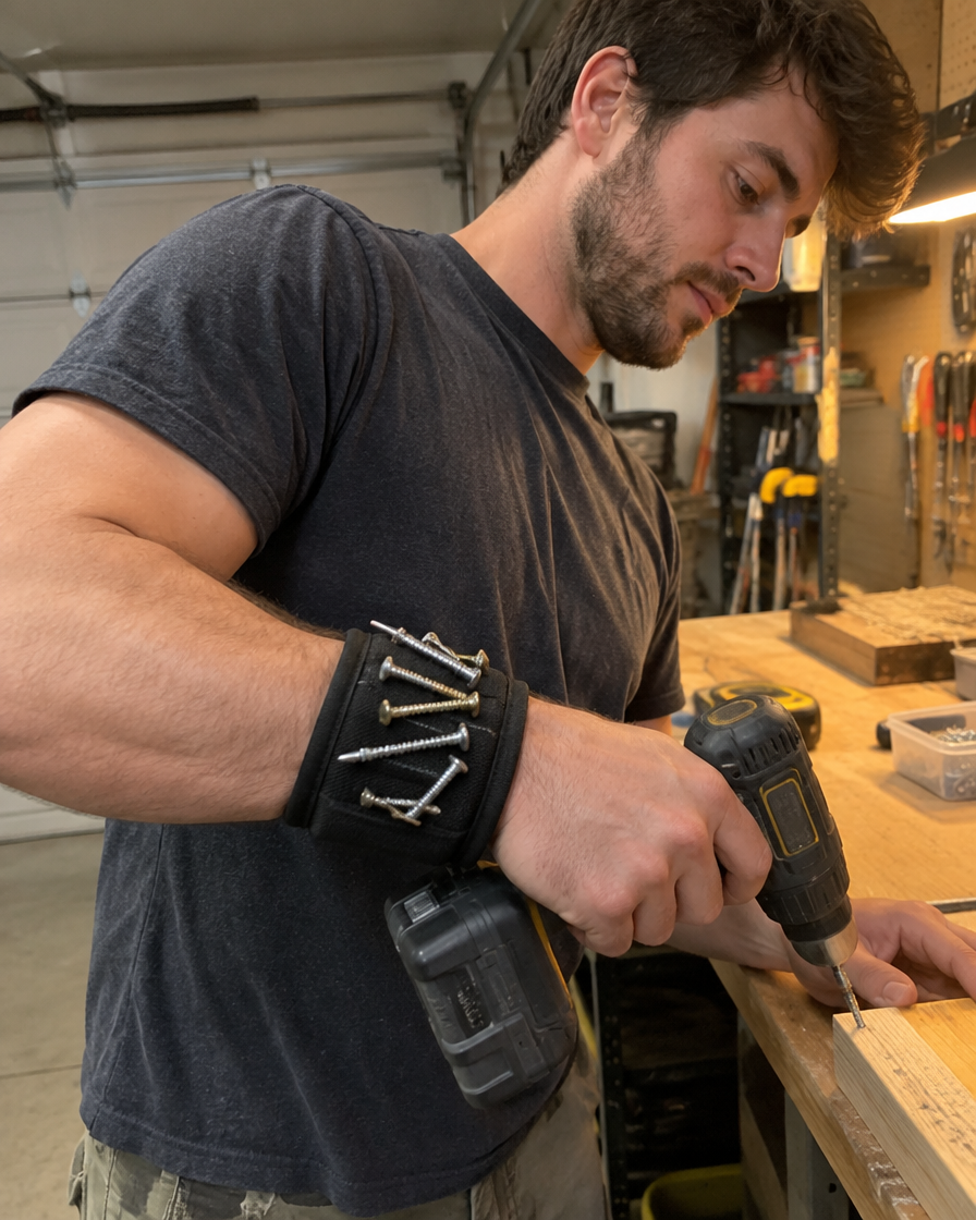 In use: magnetic wristband in the garage