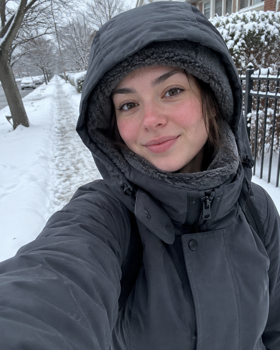 In use: winter hood selfie outside