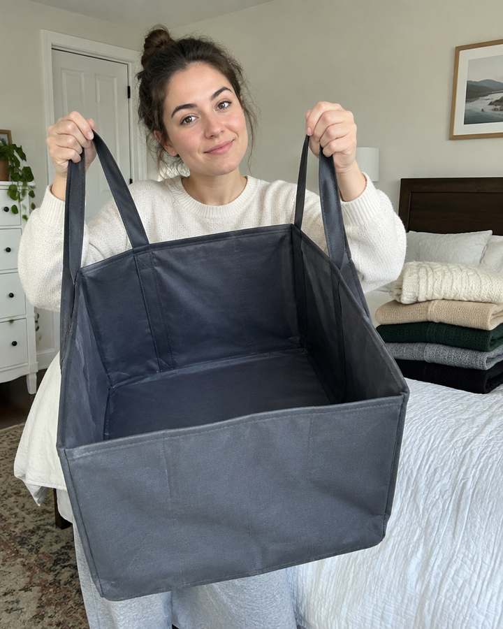 holding up the XXL storage bag